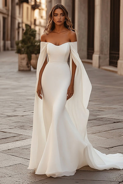 off the shoulder ivory wedding dress Ivory Satin Off Shoulder Wedding Dresses A Line Beaded Sashes