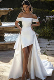 Ivory Off the Shoulder High-Low Wedding Dress with Draped Train