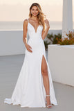 Crepe Spaghetti Straps Ivory A Line Wedding Dress With Slit