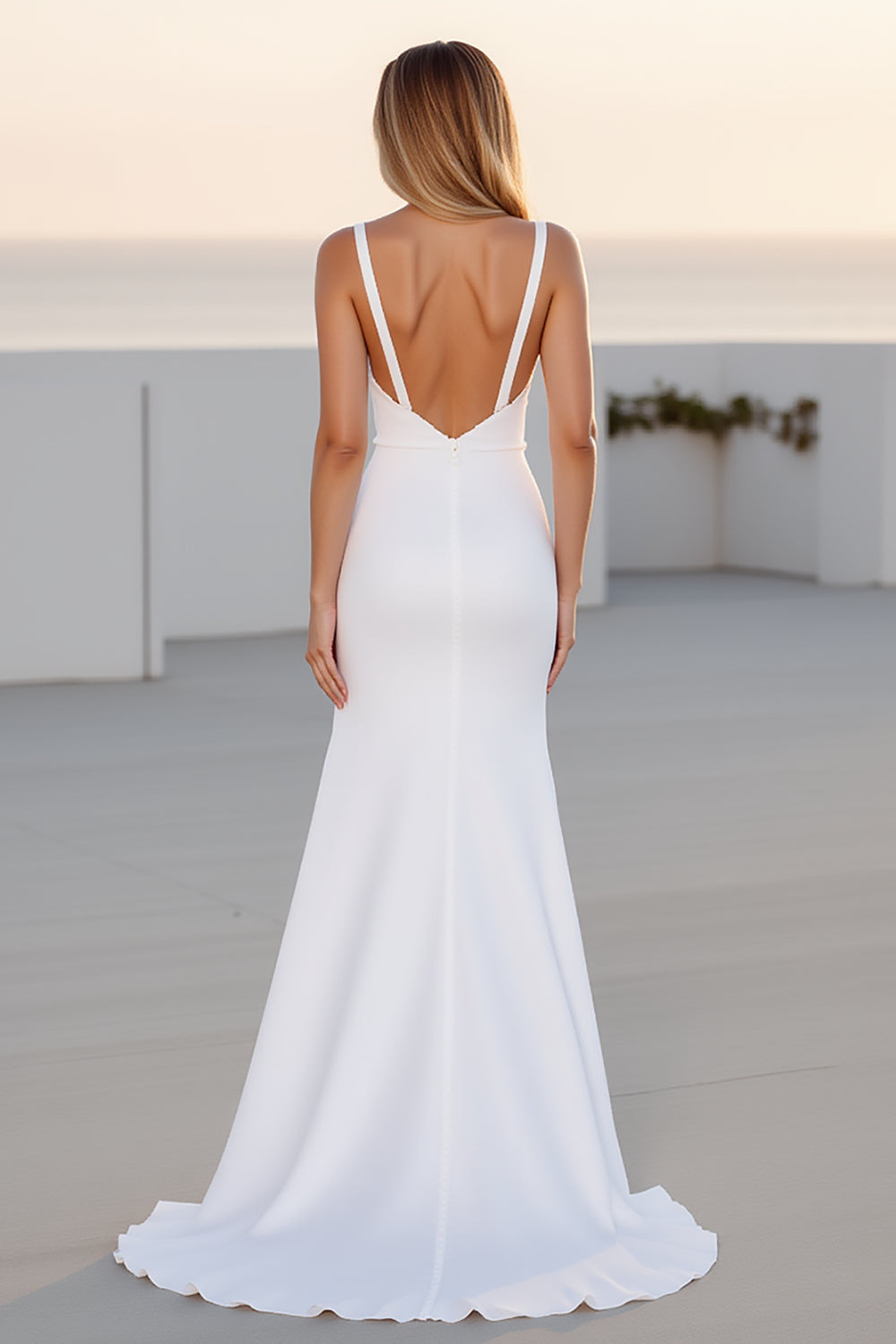 Crepe Spaghetti Straps Ivory A Line Wedding Dress With Slit