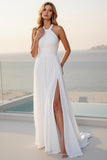 Halter A Line Stretch Satin Ruched Wedding Dress With Slit