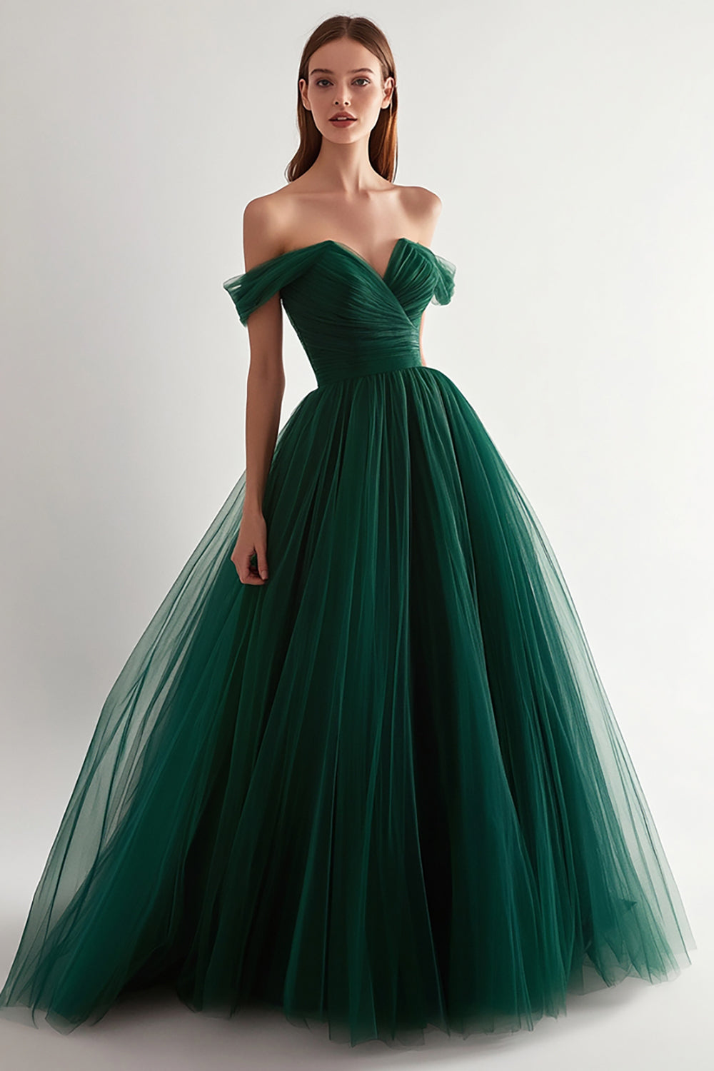 Dark Green Off the Shoulder A Line Tulle Long Prom Dress