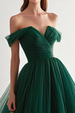 Dark Green Off the Shoulder A Line Tulle Long Prom Dress