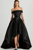 Black Off the Shoulder Satin Asymmetrical Prom Dress