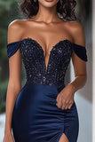 Sparkly Navy Mermaid Off the Shoulder Sequin Long Prom Dress with Slit