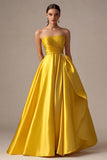 Yellow Strapless A Line Satin Long Prom Dress