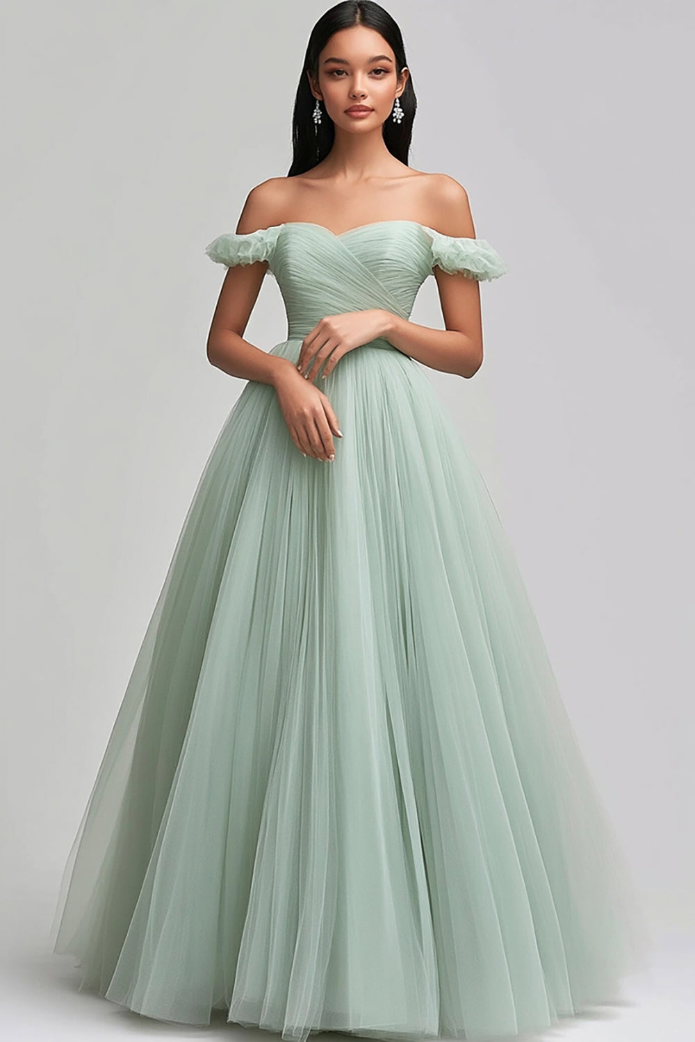 Light Green Off the Shoulder A Line Long Tulle Prom Dress