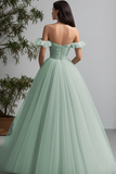Light Green Off the Shoulder A Line Long Tulle Prom Dress