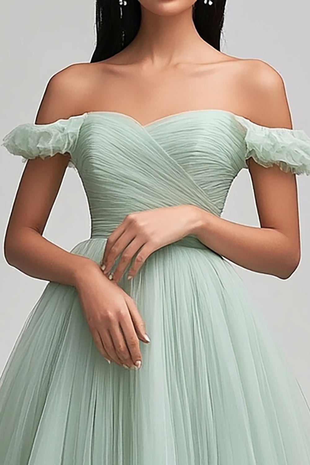 Light Green Off the Shoulder A Line Long Tulle Prom Dress