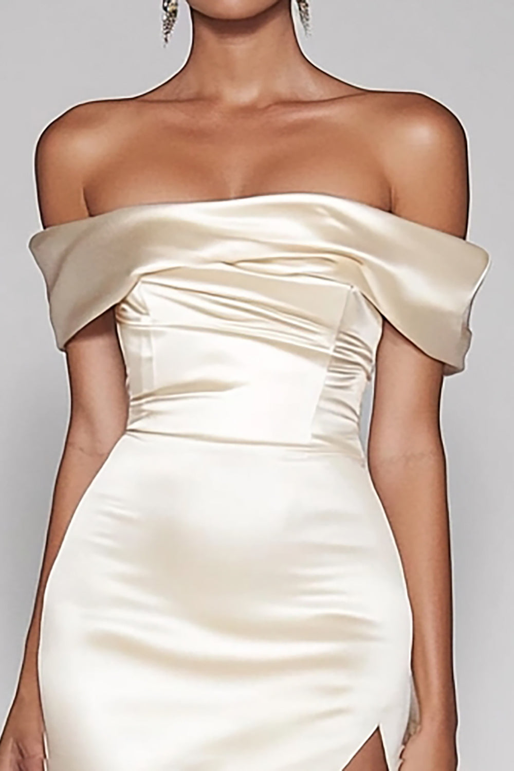 Champagne Off The Shoulder Satin Long Mermaid Prom Dress with Slit