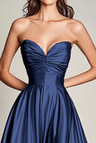 Navy Sweetheart A Line Satin Long Prom Dress
