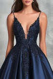 Glitter Navy A-Line Spaghetti Straps Satin Ball Gown Dress with Appliques