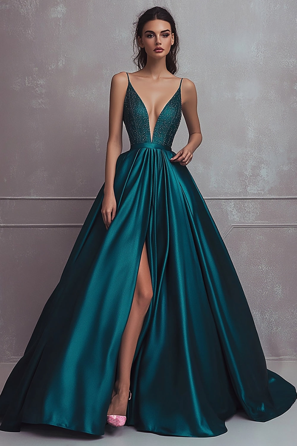 Sparkly Dark Green A-Line Spaghetti Straps Satin Beaded Long Prom Dress with Slit