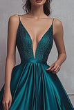 Sparkly Dark Green A-Line Spaghetti Straps Satin Beaded Long Prom Dress with Slit