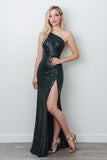 Black Mermaid One Shoulder Sequins Long Prom Dress with Slit
