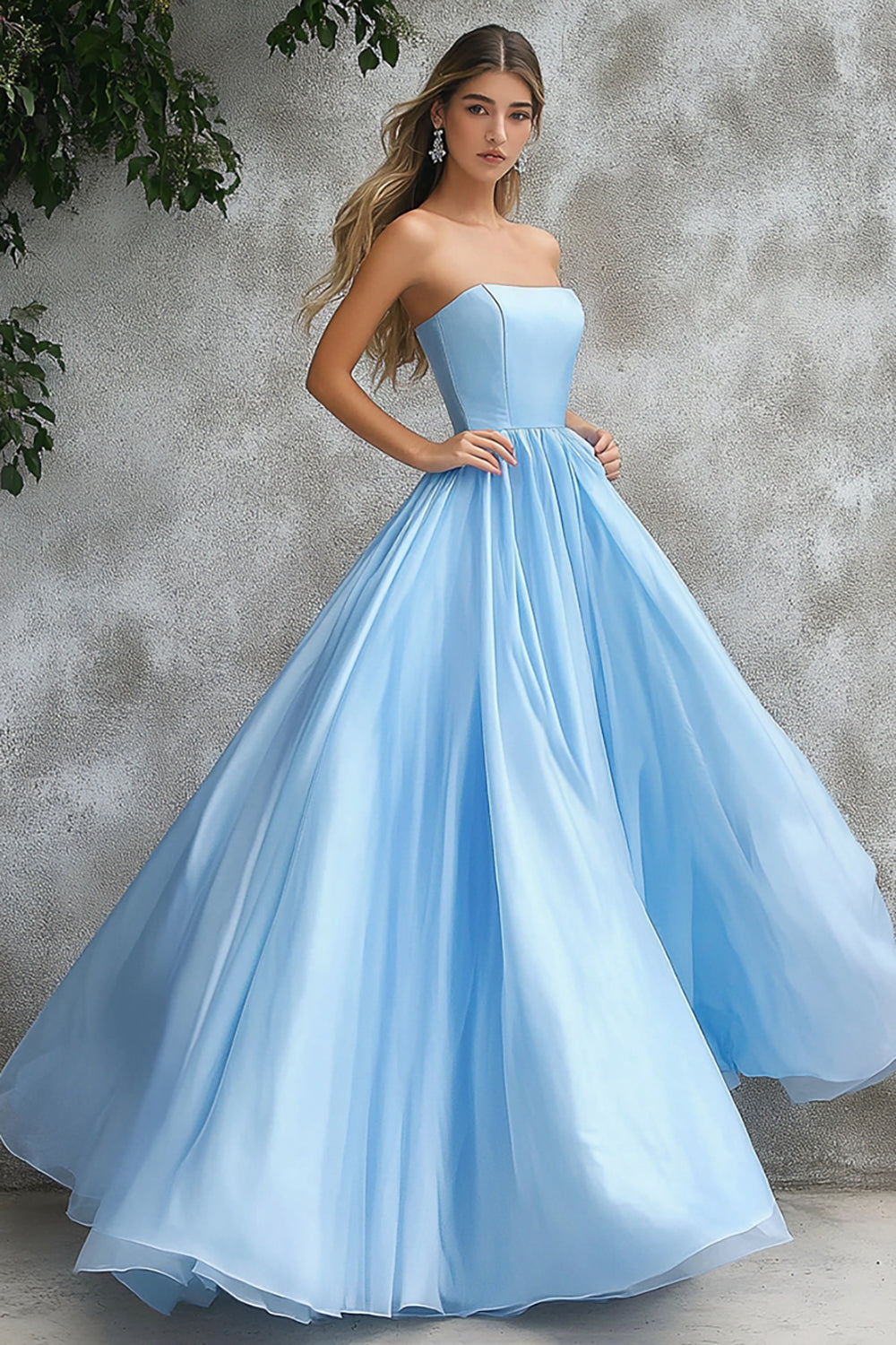 Sky Blue A-Line Strapless Long Prom Dress