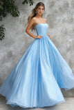Sky Blue A-Line Strapless Long Prom Dress