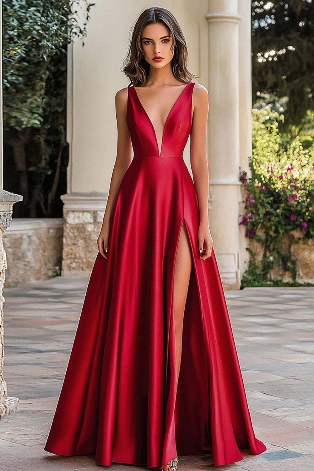 A Line Red V Neck Satin Plus Long Prom Dress with Slit
