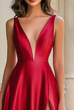 A Line Red V Neck Satin Plus Long Prom Dress with Slit
