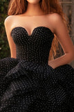 A Line Black Strapless Tiered Plus Long Prom Dress