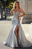 Mermaid Silver Strapless Lace Plus Long Prom Dress
