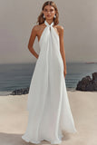 White Sheath Halter Chiffon Long Boho Beach Dress