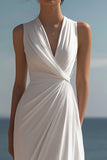 White V Neck Ruched Long Formal Dress