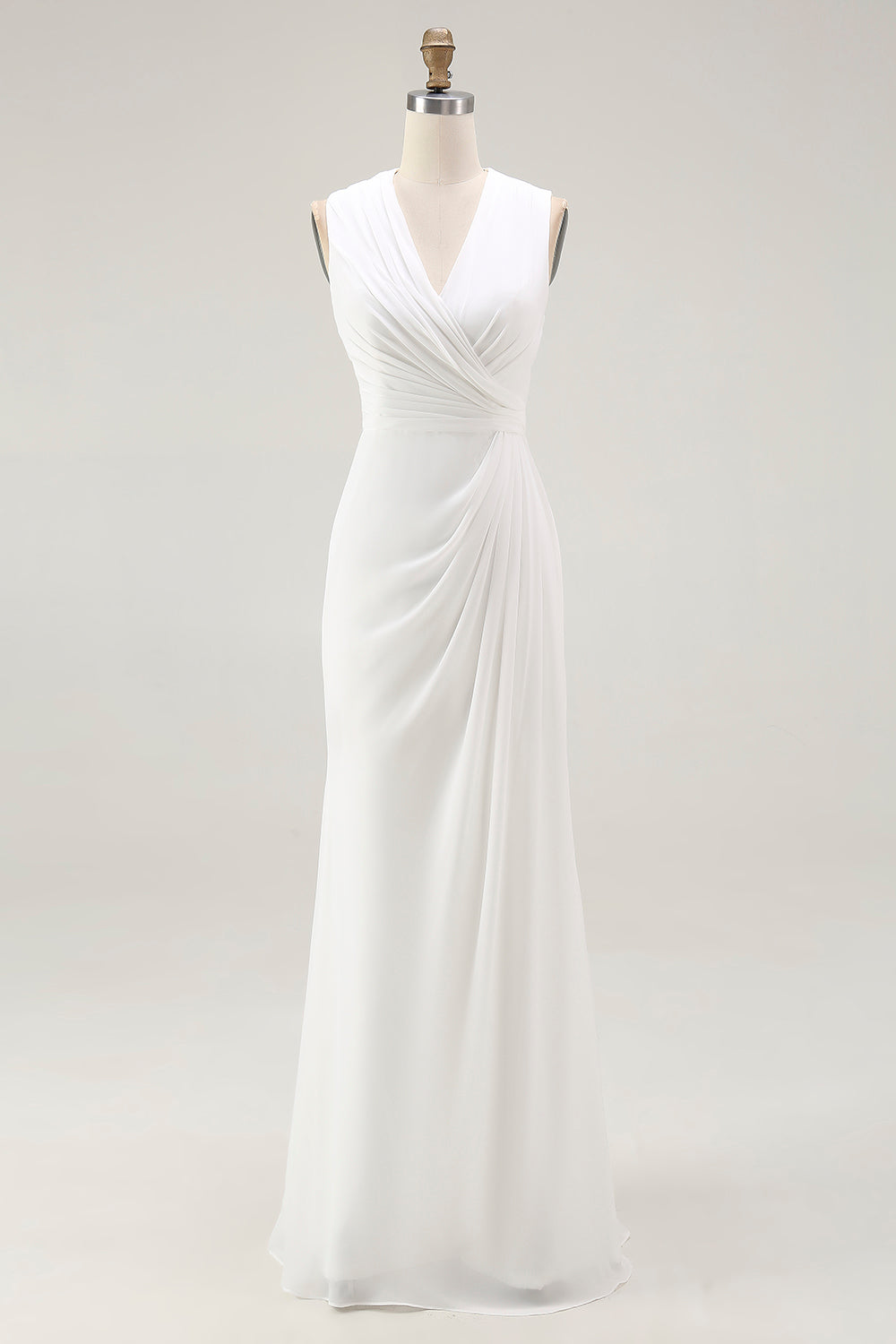 White Sheath V Neck Ruched Long Formal Dress
