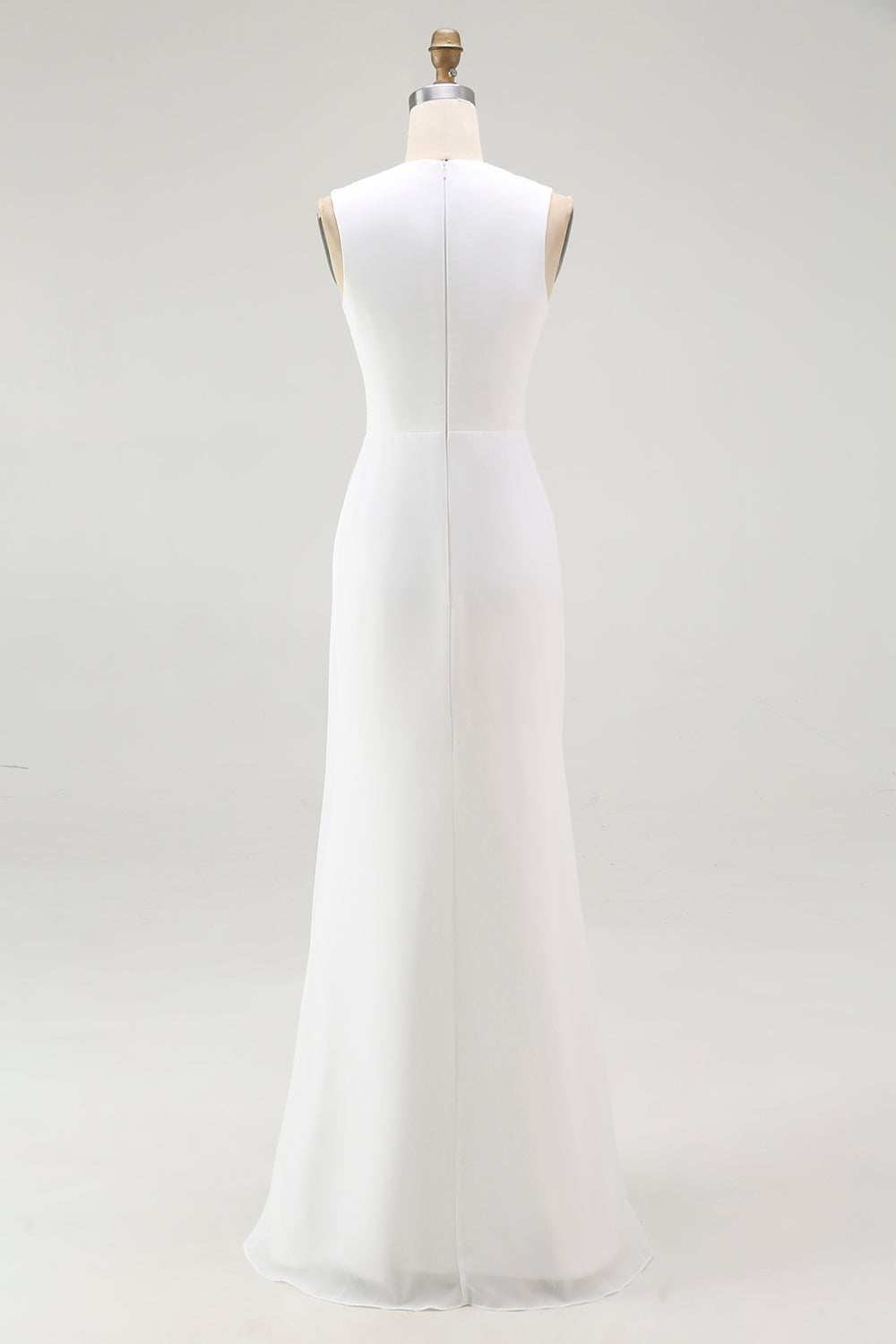 White Sheath V Neck Ruched Long Formal Dress