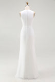 White Sheath V Neck Ruched Long Formal Dress