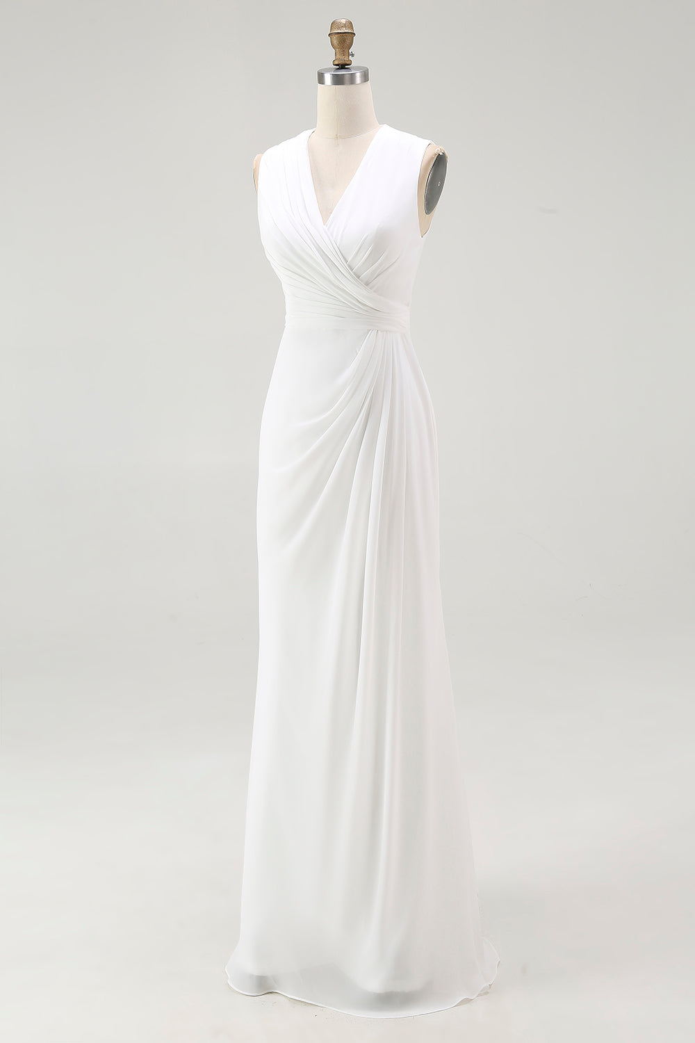White Sheath V Neck Ruched Long Formal Dress