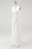 White Sheath V Neck Ruched Long Formal Dress
