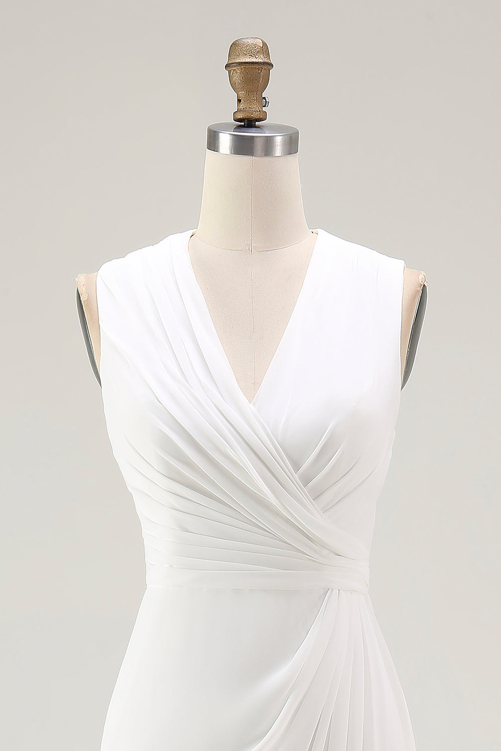 White Sheath V Neck Ruched Long Formal Dress