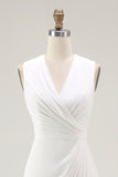 White Sheath V Neck Ruched Long Formal Dress