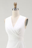White Sheath V Neck Ruched Long Formal Dress