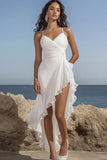 White Spaghetti Straples Ruffled Graduation Dress with Slit