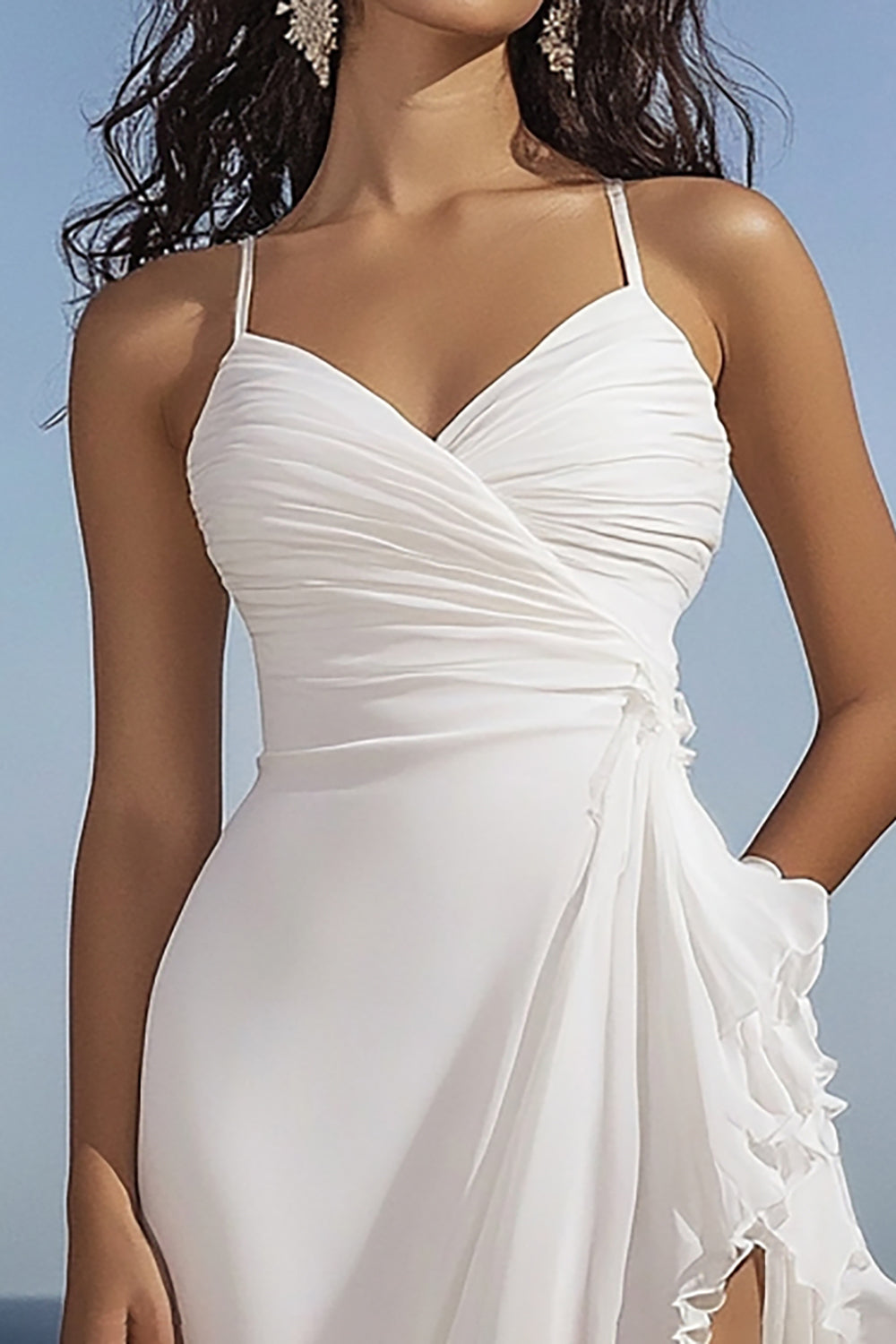 White Spaghetti Straples Ruffled Graduation Dress with Slit