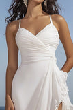White Spaghetti Straples Ruffled Graduation Dress with Slit