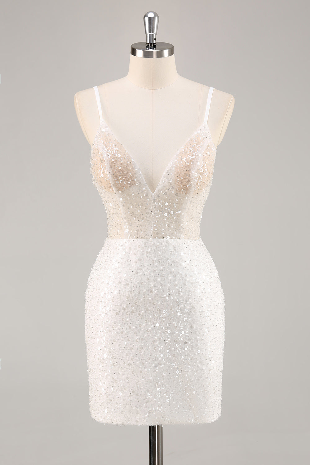 White Bodycon V Neck Mini Graduation Dress With Sequins