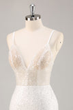 White Bodycon V Neck Mini Graduation Dress With Sequins