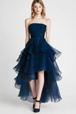 Organza A Line Navy Strapless Ruffled Formal Dress