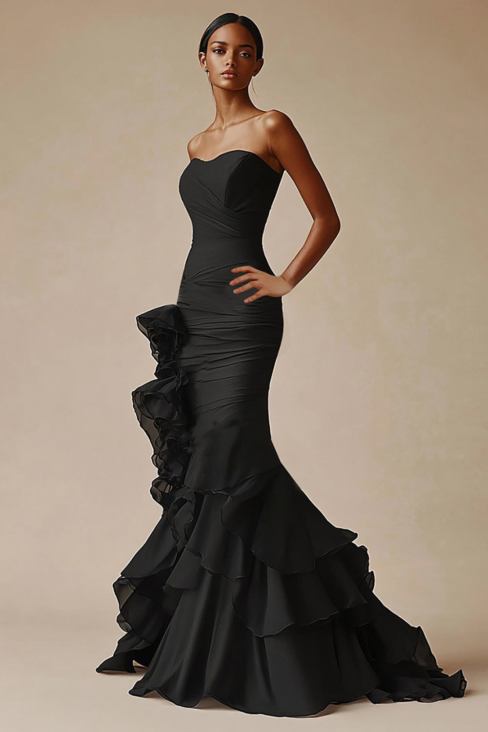 Black Strapless Ruffled Mermaid Long Formal Dress