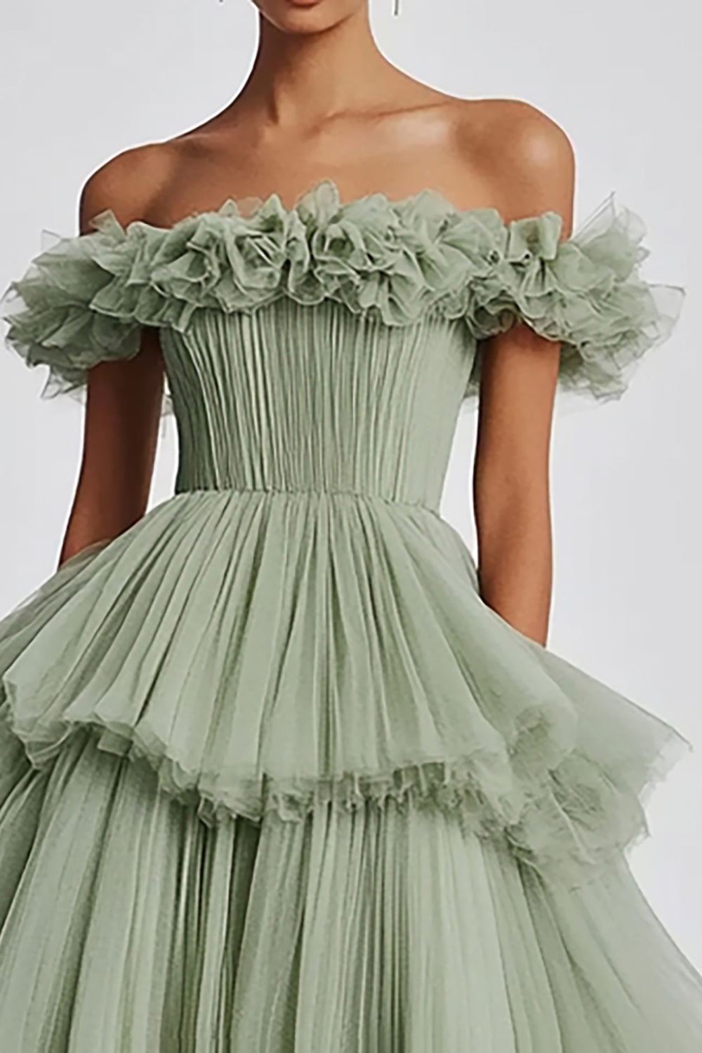 Dusty Sage Off The Shoulder A Line Ruffles Prom Dress