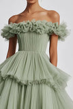 Dusty Sage Off The Shoulder A Line Ruffles Prom Dress