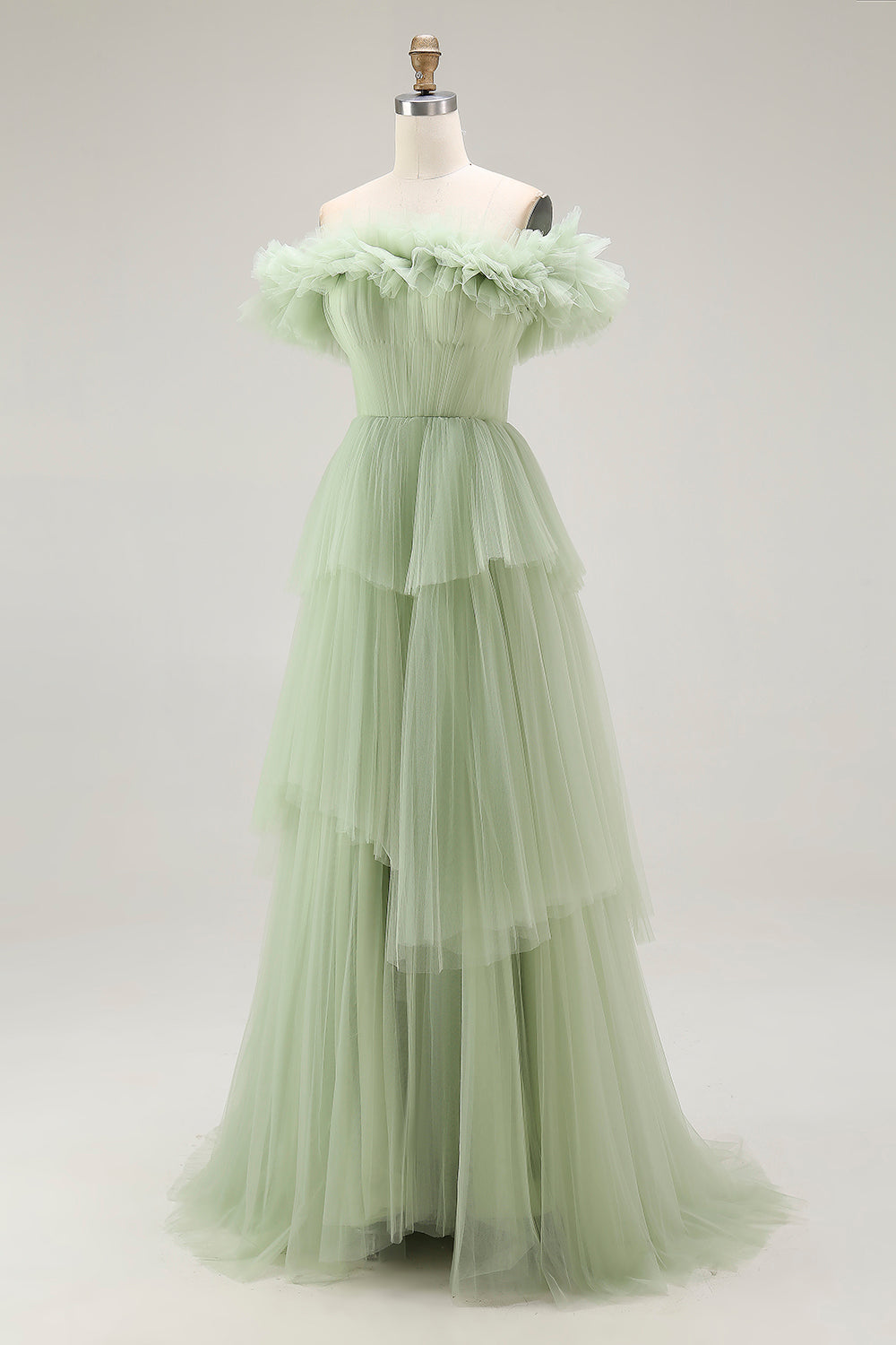 Dusty Sage Off The Shoulder A Line Ruffle Long Prom Dress