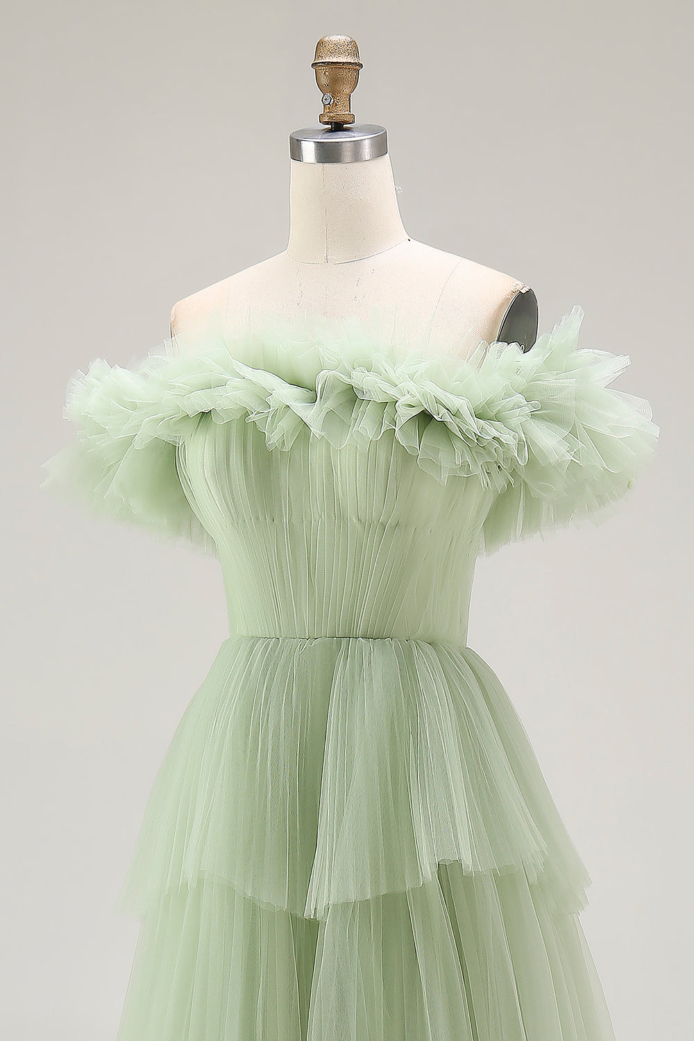 Dusty Sage Off The Shoulder A Line Ruffle Long Prom Dress