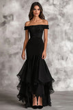 Black Off the Shoulder Mermaid Long Wedding Guest Dress with Ruffles