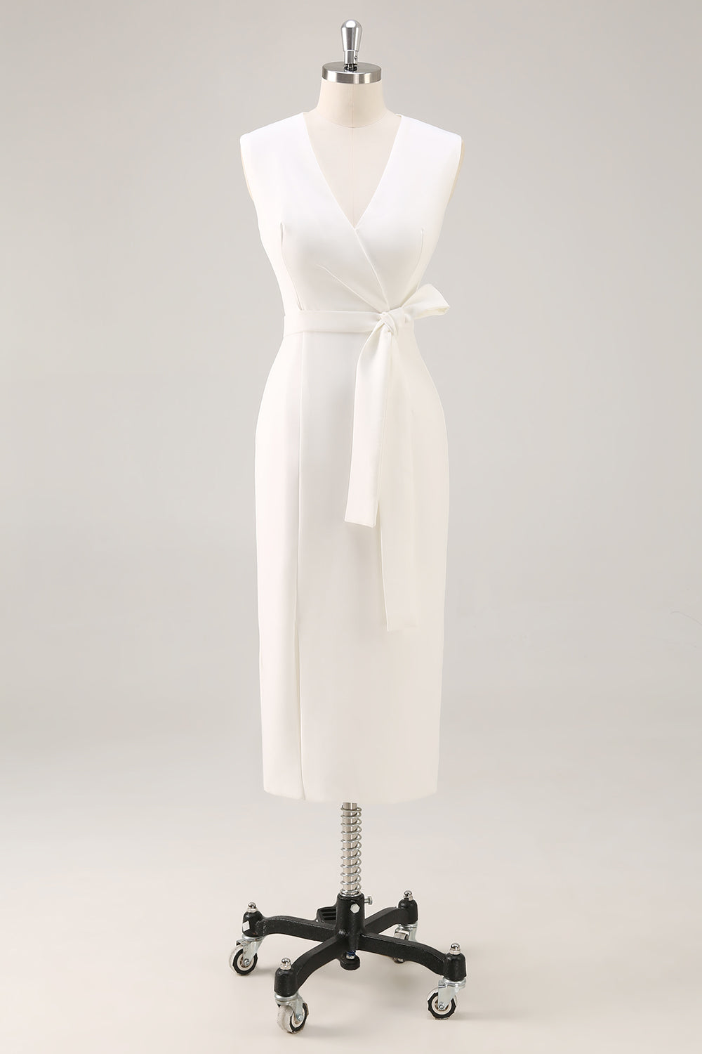White V-Neck Satin Formal Dress with Belt