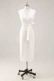 White V-Neck Satin Formal Dress with Belt