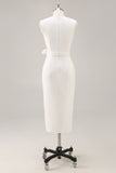 White V-Neck Satin Formal Dress with Belt